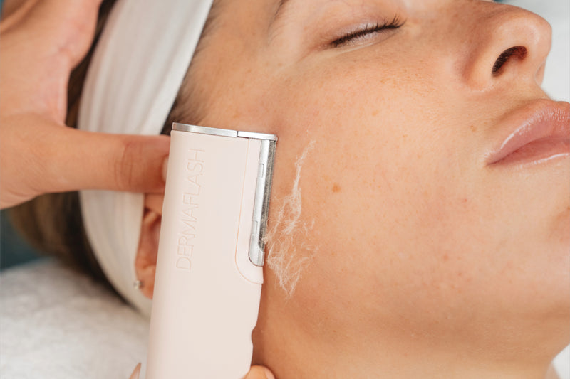 model enjoying dermaplaning benefits with eyes closed