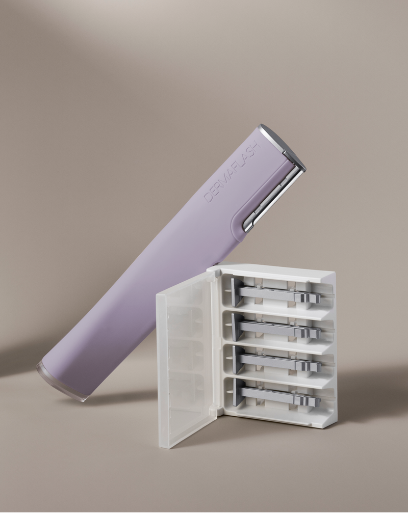 LIMITED EDITION! Lilac | LUXE+ dermaplaning tool shown with refill Microfine Edge™ blades in Lilac