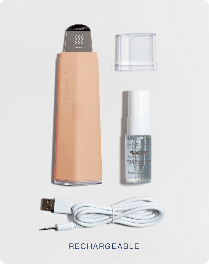 Peach Fuzz | DERMAPORE+ device in Peach Fuzz shown with PREP MIST, charging cord and cover