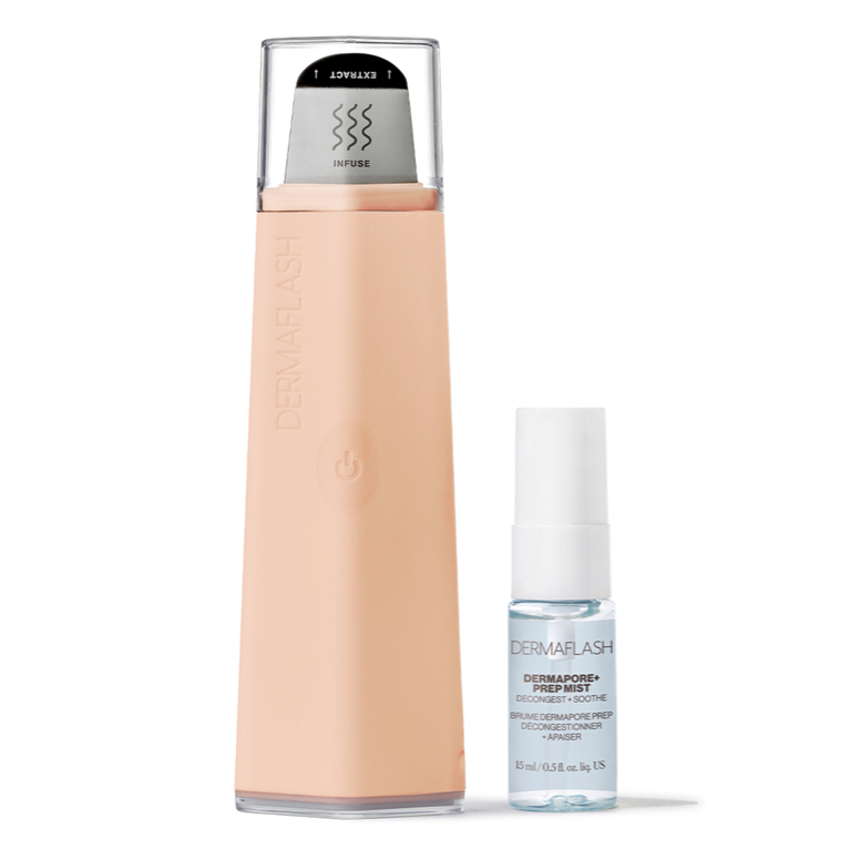 DERMAPORE+ pore extractor device shown next to DERMAPORE+ PREP MIST