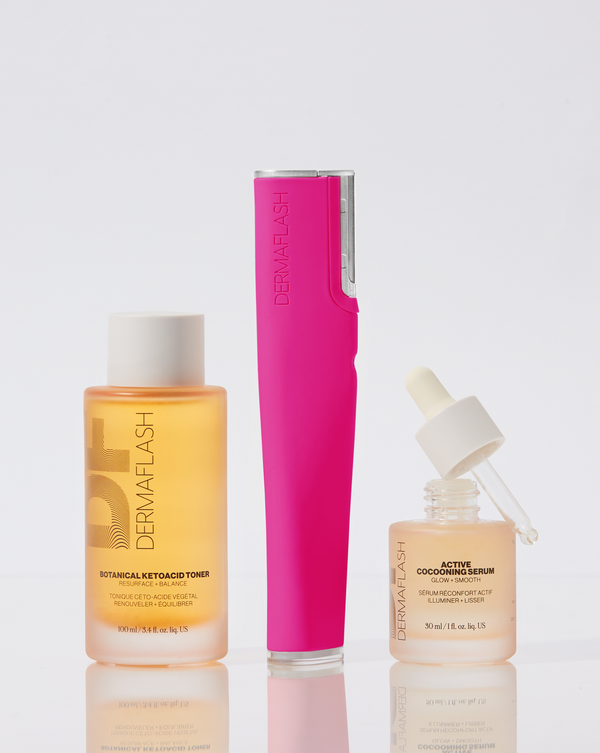 Pop Pink | Luxe+ Sonic Skincare Set set in Pop Pink with LUXE+, BOTANICAL KETOACID TONER and ACTIVE COCOONING SERUM